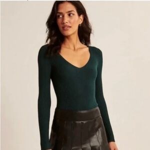 ABERCROMBIE & FITCH Hunter Green Ribbed Body Suit w/ Stretch Vee Neck US Sz XL